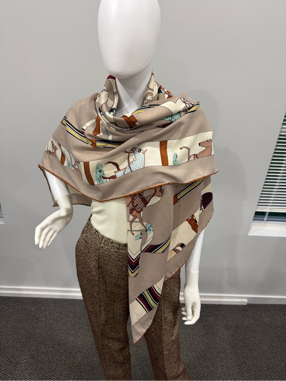 Neutral Beige Printed Silk & Cashmere Scarf with Equestrian Motif - Picture 3 of 14